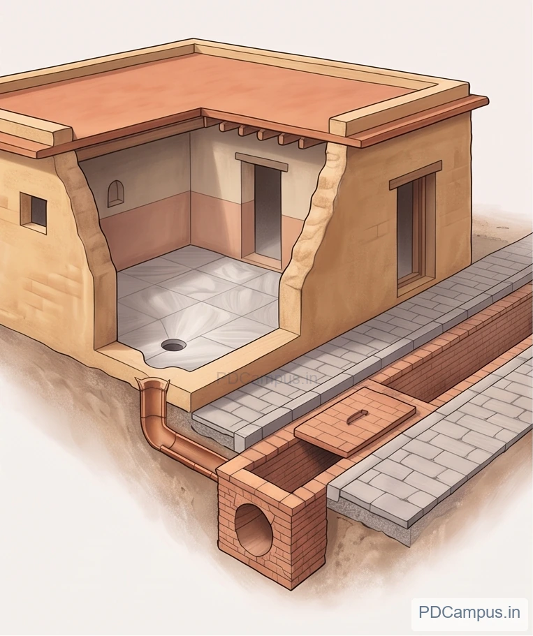 Illustrative bathing area leading to a street drain