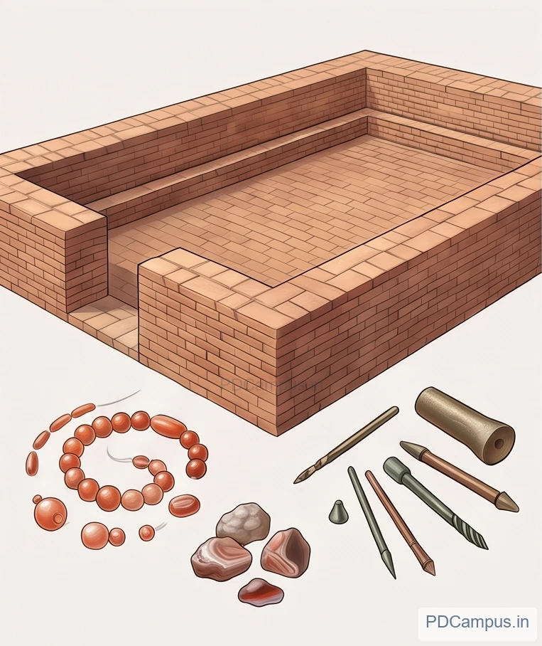 Illustration of brick basin, beads and grain remains