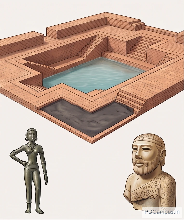 Illustrations of the Great Bath, Dancing Girl and conventionally named Priest-King